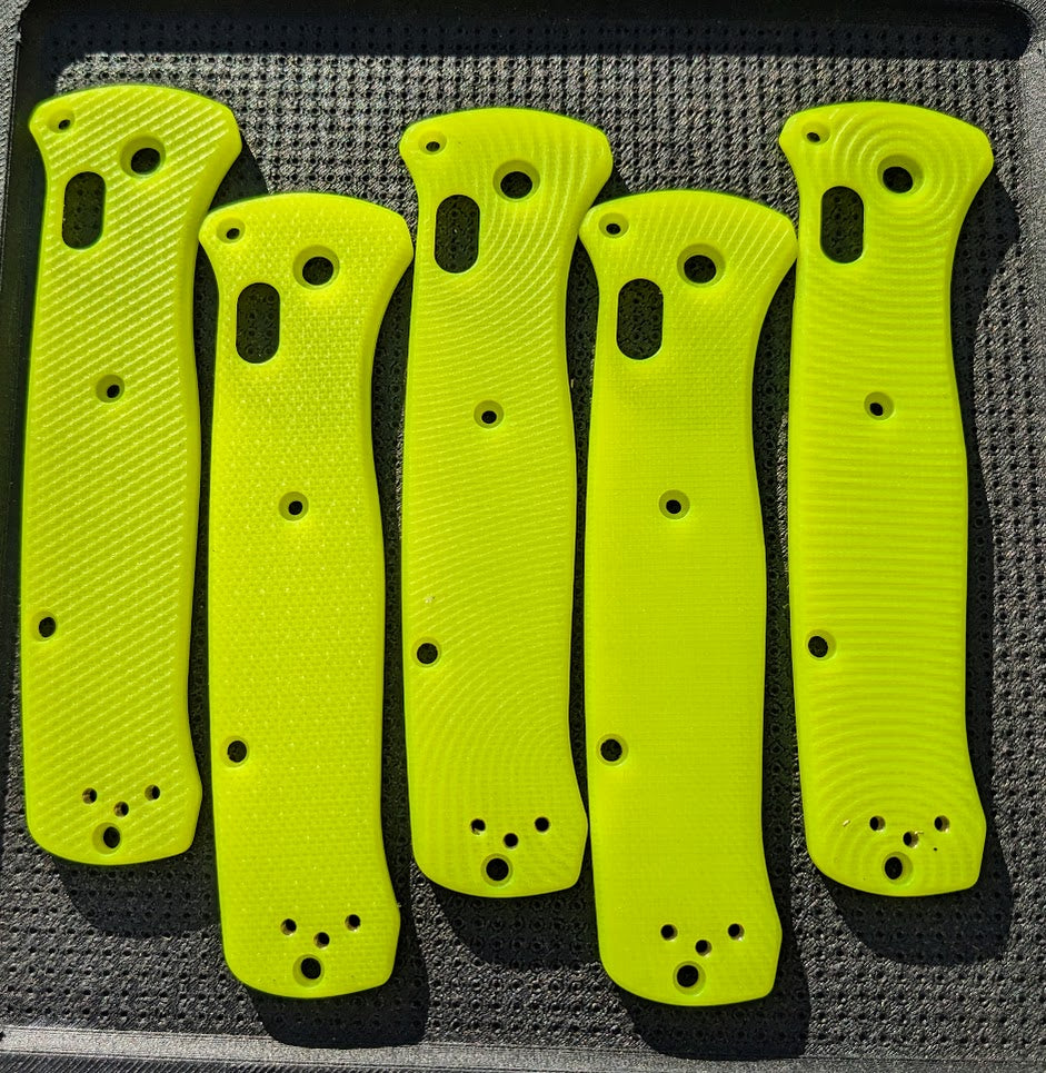 Day Glow Bailout replacement scales by Ripp's Garage Tech showing all 5 milling patterns