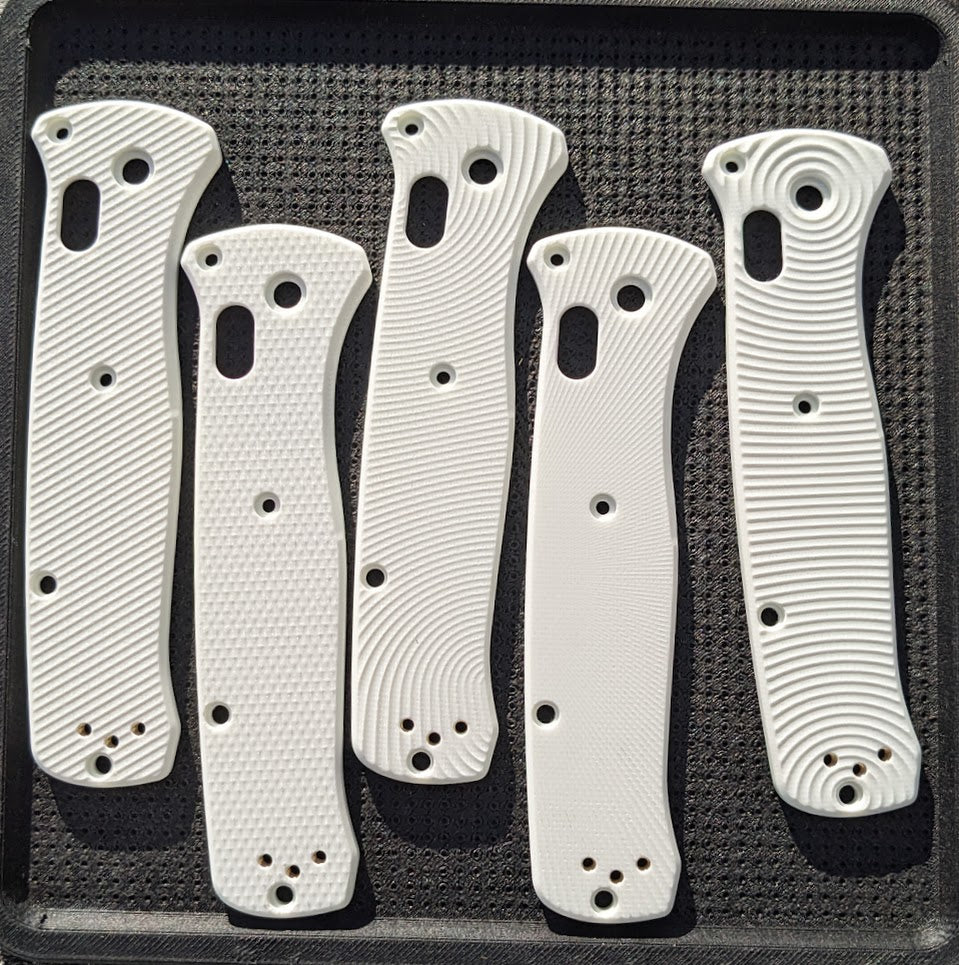 White G-10 Benchmade Bailout scales in 5 different milling patterns