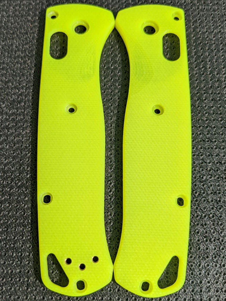 Day Glow G-10 scales for the Benchmade Bugout with Diamond milling pattern.