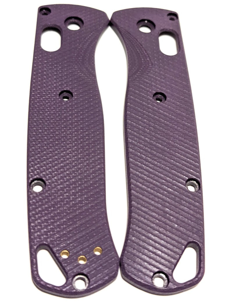 Purple G-10 aftermarket scales for the Benchmade Bugout with a deep angle parallel milling pattern