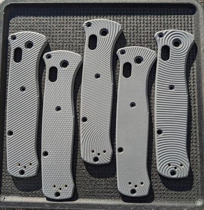 Cool Gray Bailout scales in G-10 showing all 5 different milling patterns by Ripp's Garage Tech