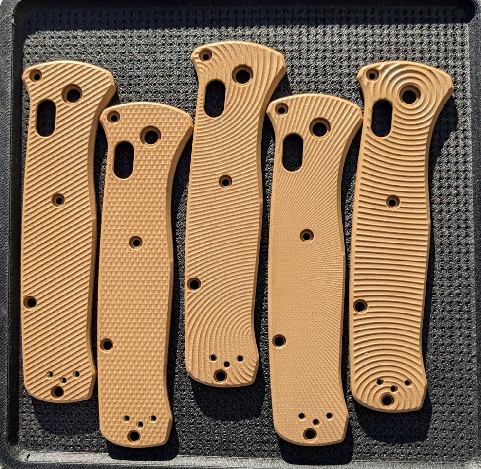 Coyote Brown G-10 Benchmade Bailout replacement scales by Ripp's Garage Tech