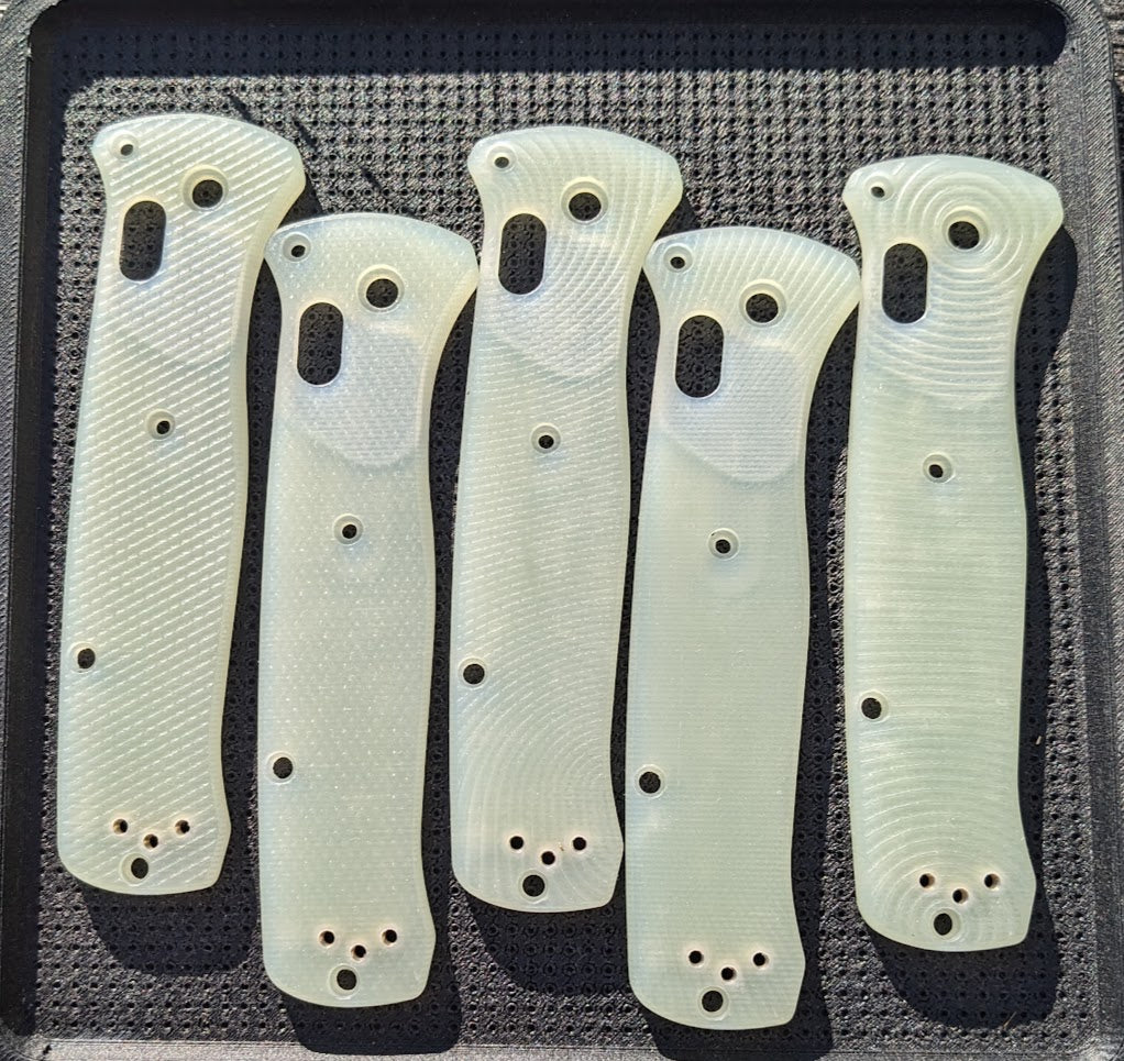 G-10 aftermarket Benchmade Bailout scales in 5 different milling patterns by Ripp's Garage Tech