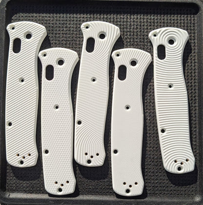 White G-10 Benchmade Bailout scales in 5 different milling patterns 