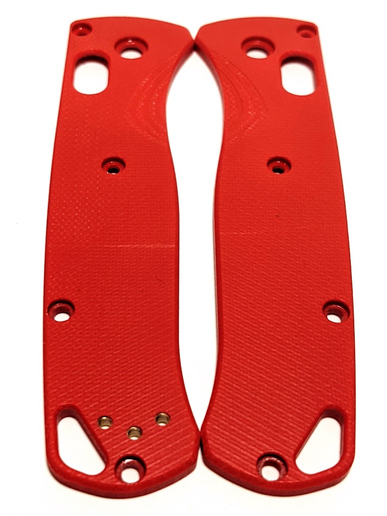 Current Red Benchmade Bugout scales with Angle Parallel milling pattern.