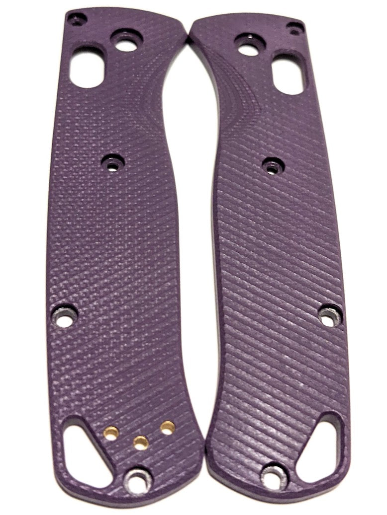 Purple G-10 aftermarket scales for the Benchmade Bugout with  a deep angle parallel milling pattern 