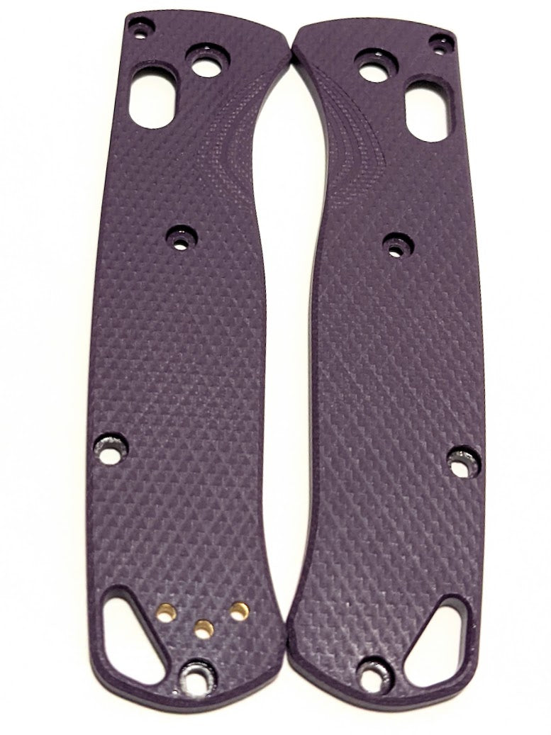 Purple G-10 aftermarket scales for the Benchmade Bugout with  a diamond milling pattern on them