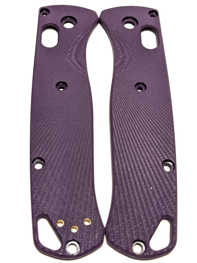 Purple G-10 aftermarket scales for the Benchmade Bugout with  a Fluted Milling pattern on them